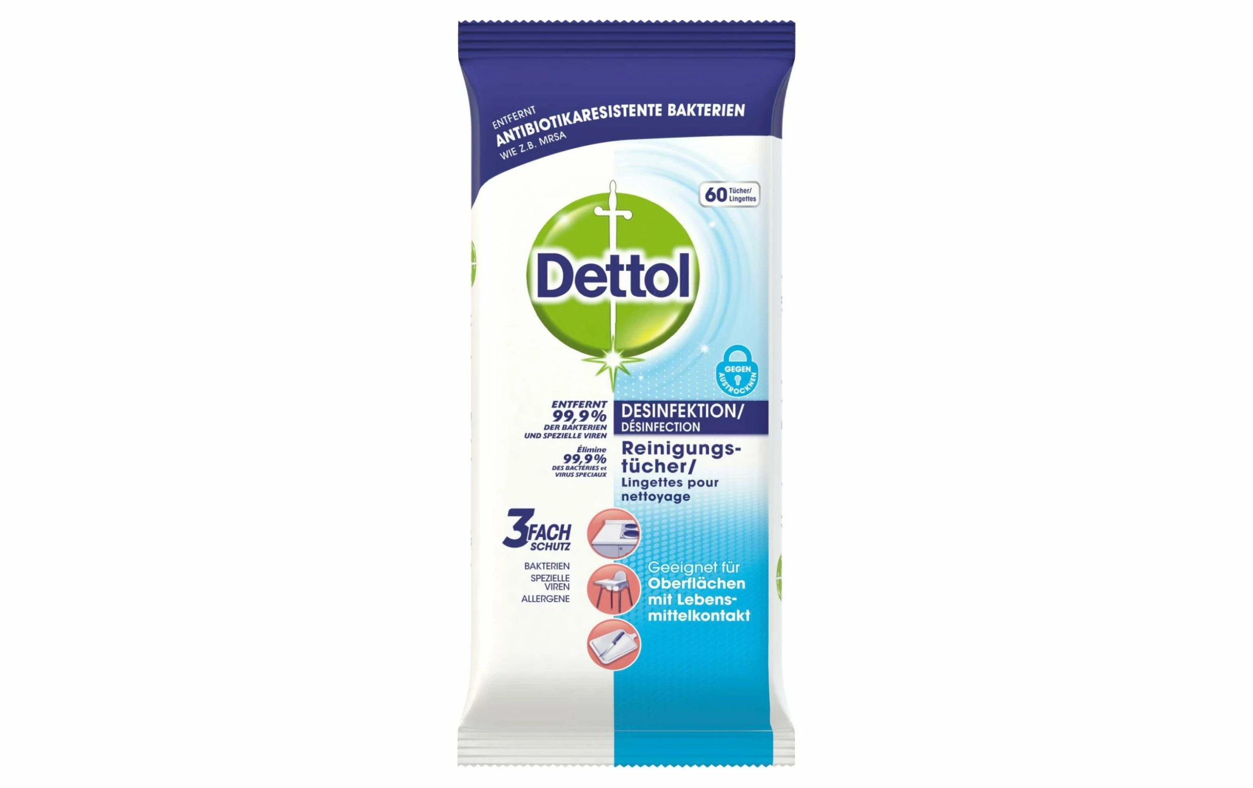 Dettol Chiffons De Nettoyage Polyvalents Désinfection 60 Pièces - Détergents Universels