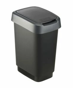 Rotho Poubelle à Bascule Twist 10 L, Argent Foncé - Poubelle à Battant